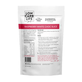 Back of Low Carb Life Raspberry White Chocolate Slice - 300g packaging showing ingredients and baking instructions.