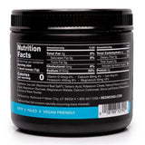 Black container with nutrition facts label on a white background