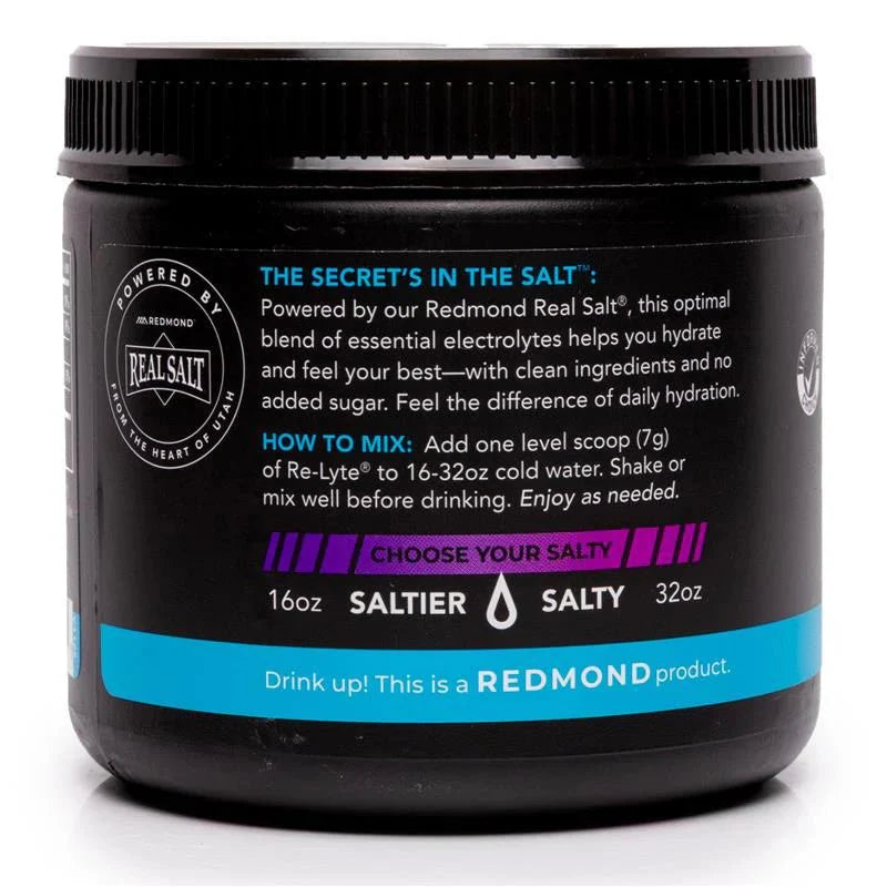 Black container of Redmond Re-Lyte with text on a white background