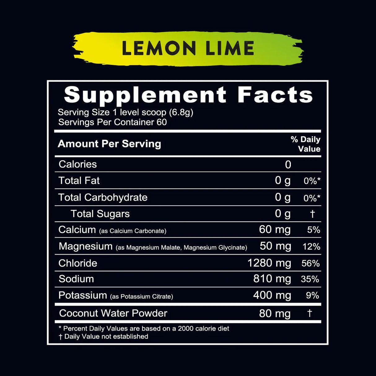 Supplement facts label for Re-Lyte Hydration - Lemon Lime - Tub - 60 Serves showing electrolytes and zero calories.
