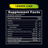 Supplement facts label for Re-Lyte Hydration - Lemon Lime - Tub - 60 Serves showing electrolytes and zero calories.