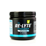 Re-Lyte Hydration - Unflavoured - Tub - 75 Serves dietary supplement container with black lid and blue label highlights