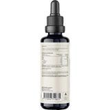 Back view of Reishi Double Strength 2:1 Mushroom Liquid Extract - 60ml by Switch Nutrition, showing nutritional facts, ingredients, usage instructions, and certification labels for keto and low carb support.