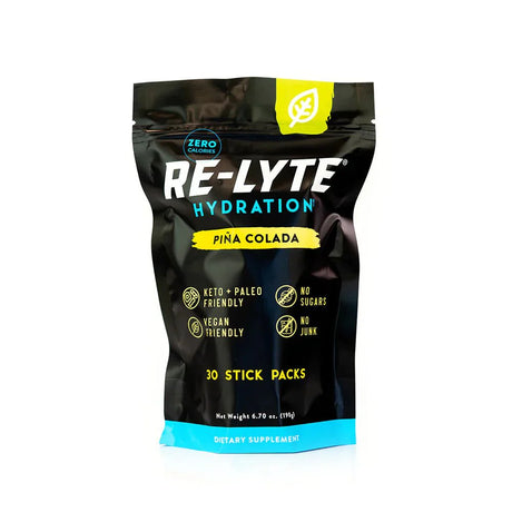 ReLyte Hydration - Pina Colada - Stick Packs x 30 pouch highlighting keto, paleo, vegan friendly electrolyte supplement benefits