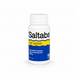 A white plastic bottle of Saltabs salt tablets with a white cap, featuring a label with blue and yellow sections and black text.