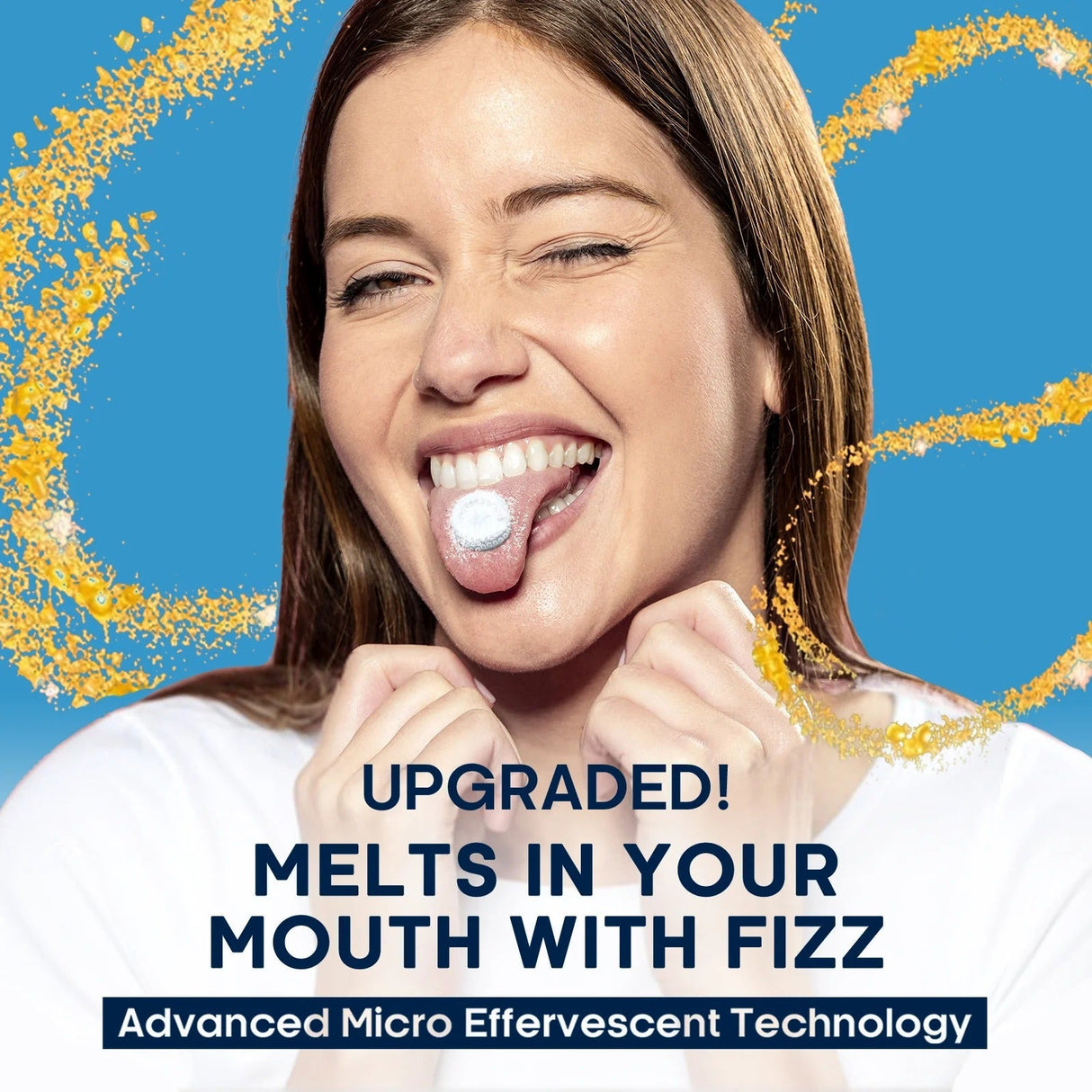 Woman smiling with Salt Tablets - Strawberry - 40 Serves on tongue, promoting Venture Pal electrolytes for hydration.