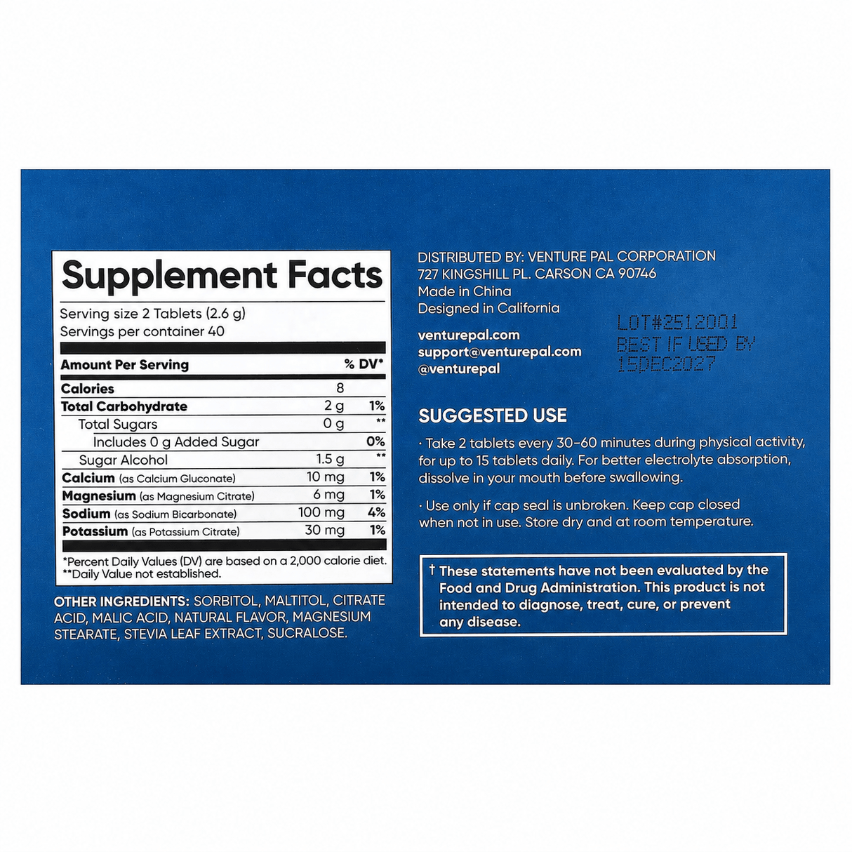 Salt Tablets - Strawberry - 40 Serves nutrition facts and suggested use by Venture Pal, for hydration and electrolytes.