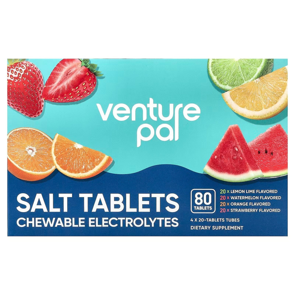 Venture Pal Salt Tablets - Variety Pack - 40 Serves with lemon, watermelon, orange, and strawberry flavored chewable electrolytes.