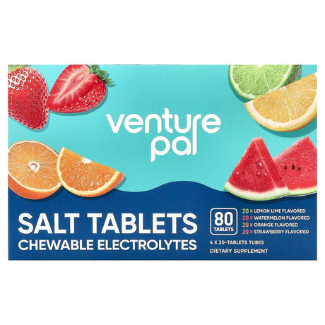 Venture Pal Salt Tablets - Variety Pack - 40 Serves with lemon, watermelon, orange, and strawberry flavored chewable electrolytes.