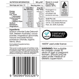 Nutrition facts, ingredients, and safety warning for Sodii Salty Chocolate - 30 Sachets, a keto-friendly, low carb electrolyte supplement made in Australia.