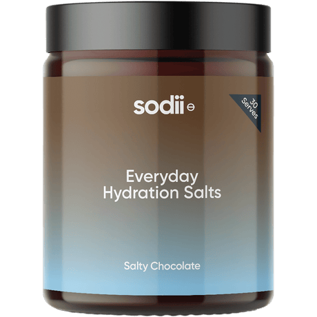 Salty Chocolate - 30 Serve Tub by Sodii featuring Everyday Hydration Salts in a sleek brown and blue container for keto and low carb hydration.