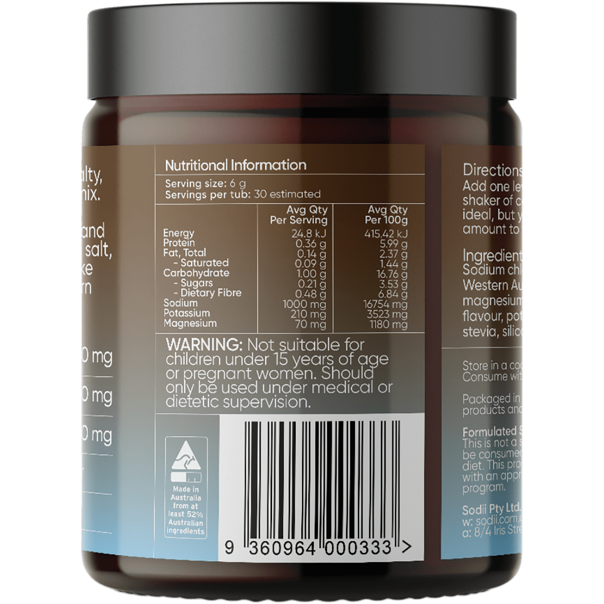 Sodii Salty Chocolate - 30 Serve Tub nutrition facts label showing keto-friendly low carb electrolyte mix with potassium and magnesium content.