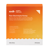 Sodii Raw Electrolyte Honey box of 20 sachets, Salty Honey, front