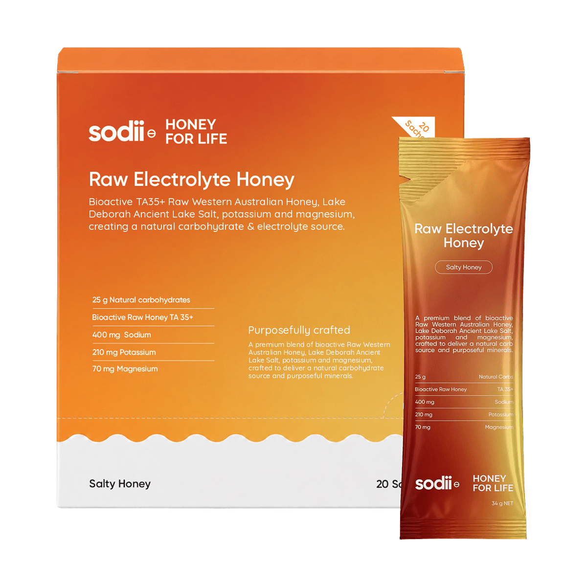 Sodii Raw Electrolyte Honey box of 20 sachets with a single sachet, Salty Honey