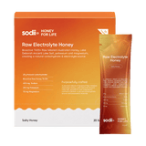 Sodii Raw Electrolyte Honey box of 20 sachets with a single sachet, Salty Honey