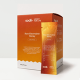 Sodii Raw Electrolyte Honey box of 20 sachets with one sachet in front, Salty Honey