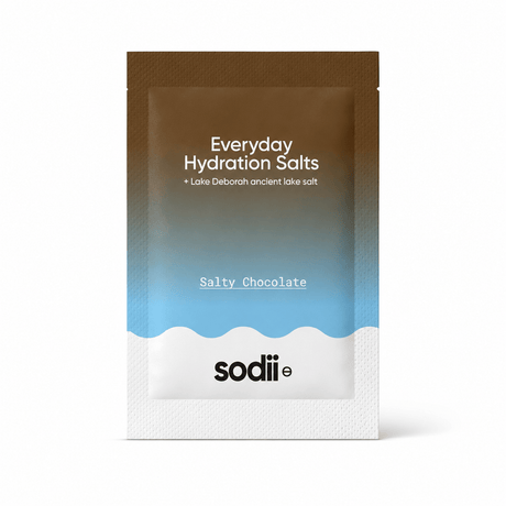 Sodii - Single Sachet featuring Everyday Hydration Salts with Lake Deborah ancient salt in a salted chocolate flavor, supporting keto and low carb lifestyles.
