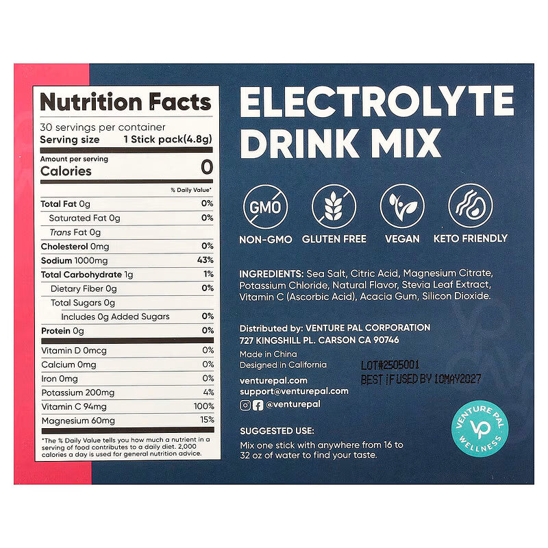 Nutrition facts and ingredient details for Venture Pal's Strawberry Electrolyte Drink Mix - 30 Sticks, highlighting keto-friendly, vegan, and gluten-free features.