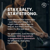 Text graphic highlighting 1000 mg sodium plus magnesium and potassium in electrolyte formula for everyday hydration with a dark background and a fit person preparing to exercise, promoting Strawberry Lemonade Electrolyte Drink Mix - 30 Sticks by Venture P