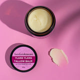 Tallow Balm - Ylang Ylang - 100g by Barefoot Skincare Co, open jar with balm and lid on pink background