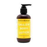Tallow Body Lotion - 195ml in dark bottle with pump, featuring bright yellow label from Barefoot Skincare Co collection.