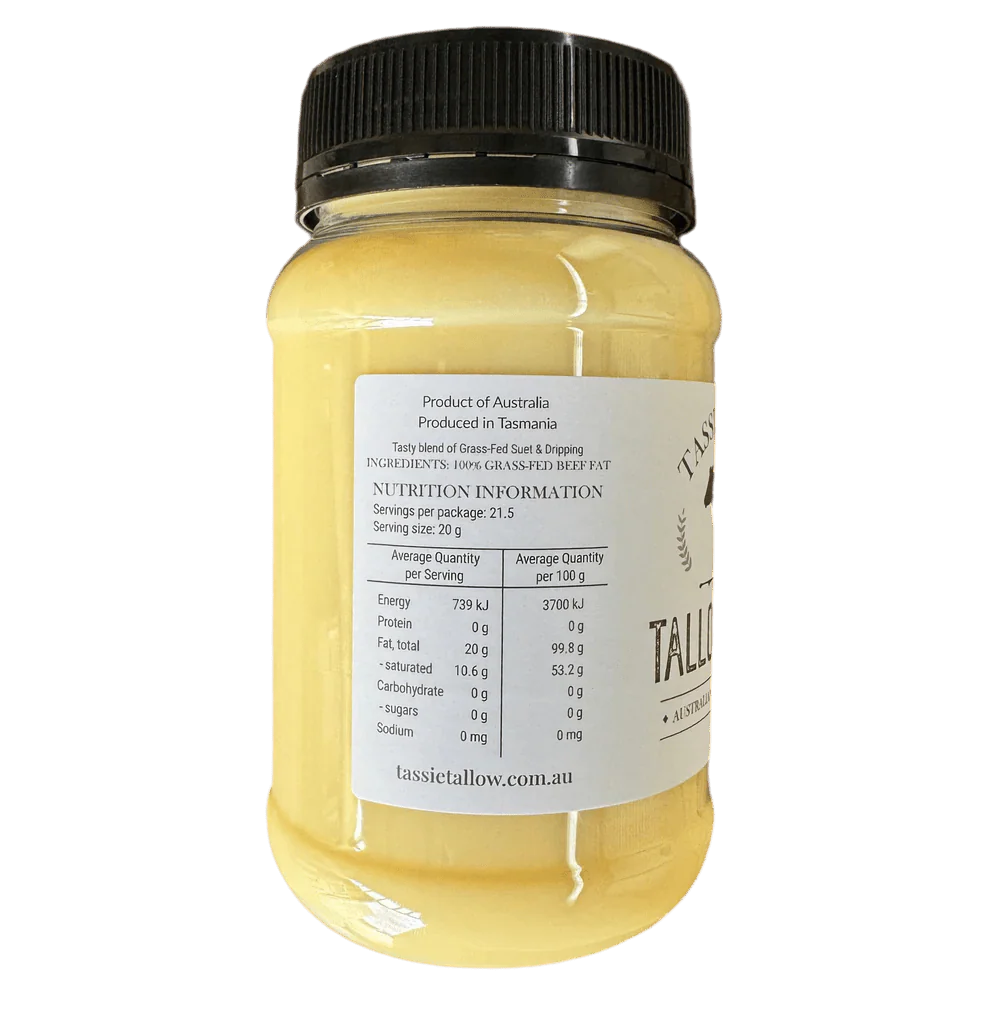 Back label of Tallow Butter - Australian Grass Fed - 500ml jar by Tassie Tallow showing nutrition facts and ingredient details