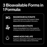 Information panel showing three bioavailable magnesium forms in Triple Magnesium Tablets - 120 Tablets by PILLAR PERFORMANCE.