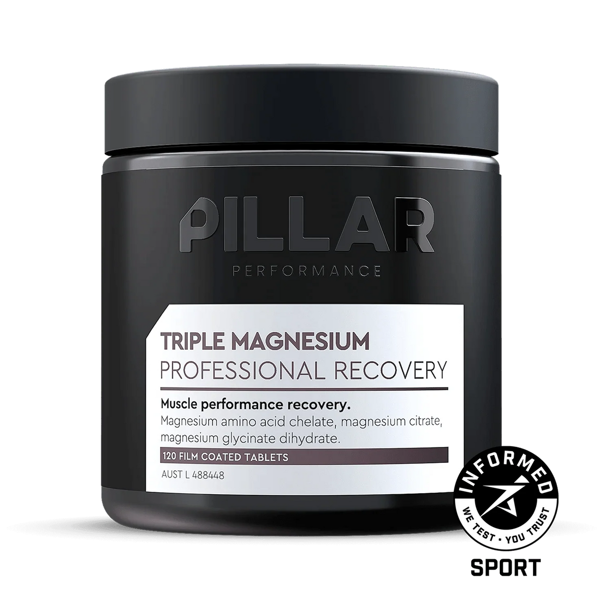 Triple Magnesium Tablets - 120 Tablets by PILLAR PERFORMANCE in a black container designed for muscle recovery support.