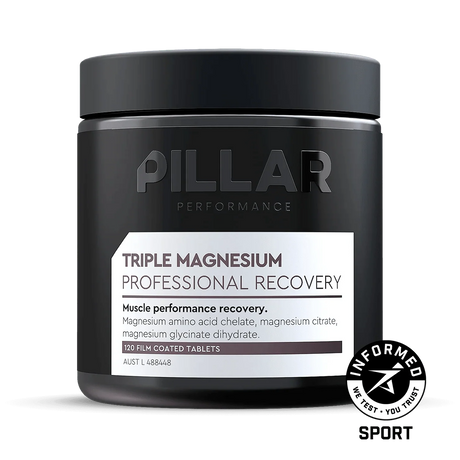 Triple Magnesium Tablets - 120 Tablets by PILLAR PERFORMANCE in a black container designed for muscle recovery support.