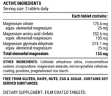 Supplement facts label showing ingredients and magnesium content in Triple Magnesium Tablets - 120 Tablets by PILLAR PERFORMANCE.