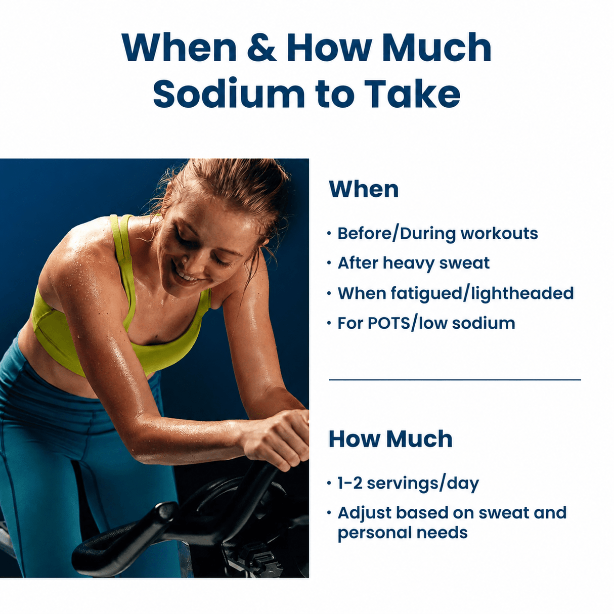 Image showing guidance on sodium intake timing and amount with a smiling woman in workout attire exercising on a stationary bike, promoting Venture Pal - Single Stick for keto and low carb hydration support.