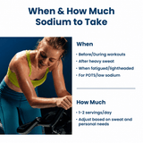 Image showing guidance on sodium intake timing and amount with a smiling woman in workout attire exercising on a stationary bike, promoting Venture Pal - Single Stick for keto and low carb hydration support.