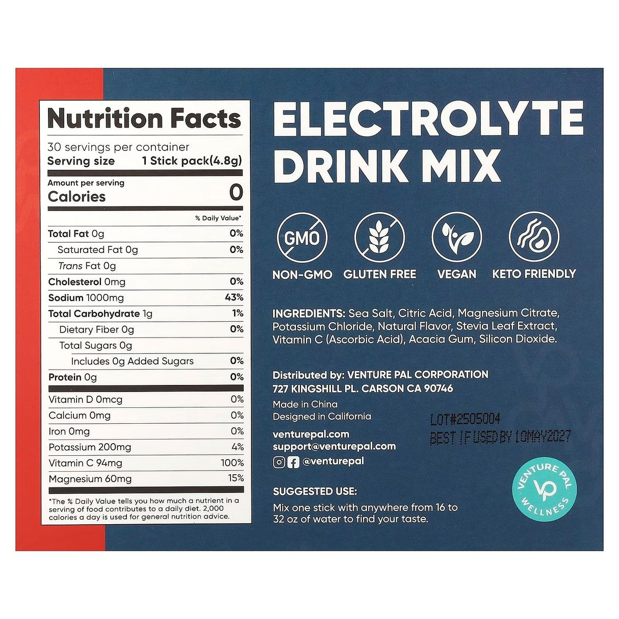 Watermelon Electrolyte Drink Mix - 30 Sticks nutrition facts and ingredients by Venture Pal, supporting active hydration needs.