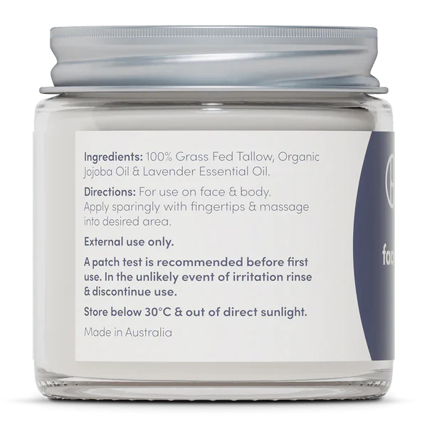 Back label of Whipped Tallow - Face And Body Balm - Lavender - 80g by Handmaid showing ingredients and usage instructions.
