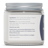 Back label of Whipped Tallow - Face And Body Balm - Lavender - 80g by Handmaid showing ingredients and usage instructions.