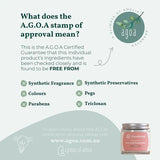 A.G.O.A approved label explaining ingredients free from synthetic fragrance, preservatives, colours, pegs, parabens, and triclosan with Handmaid balm.