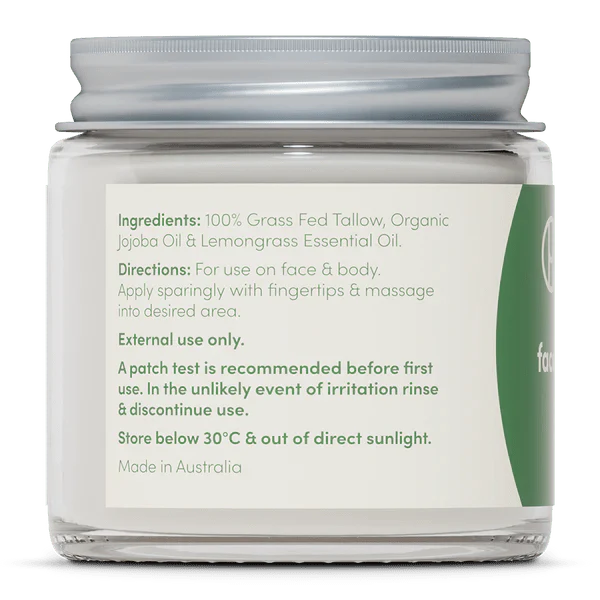 Back label of Whipped Tallow - Face And Body Balm - Lemongrass - 80g by Handmaid with ingredients and usage instructions visible