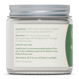 Back label of Whipped Tallow - Face And Body Balm - Lemongrass - 80g by Handmaid with ingredients and usage instructions visible