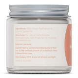 Back label of Whipped Tallow - Face And Body Balm - Natural - 80g with ingredients and usage instructions by Handmaid.