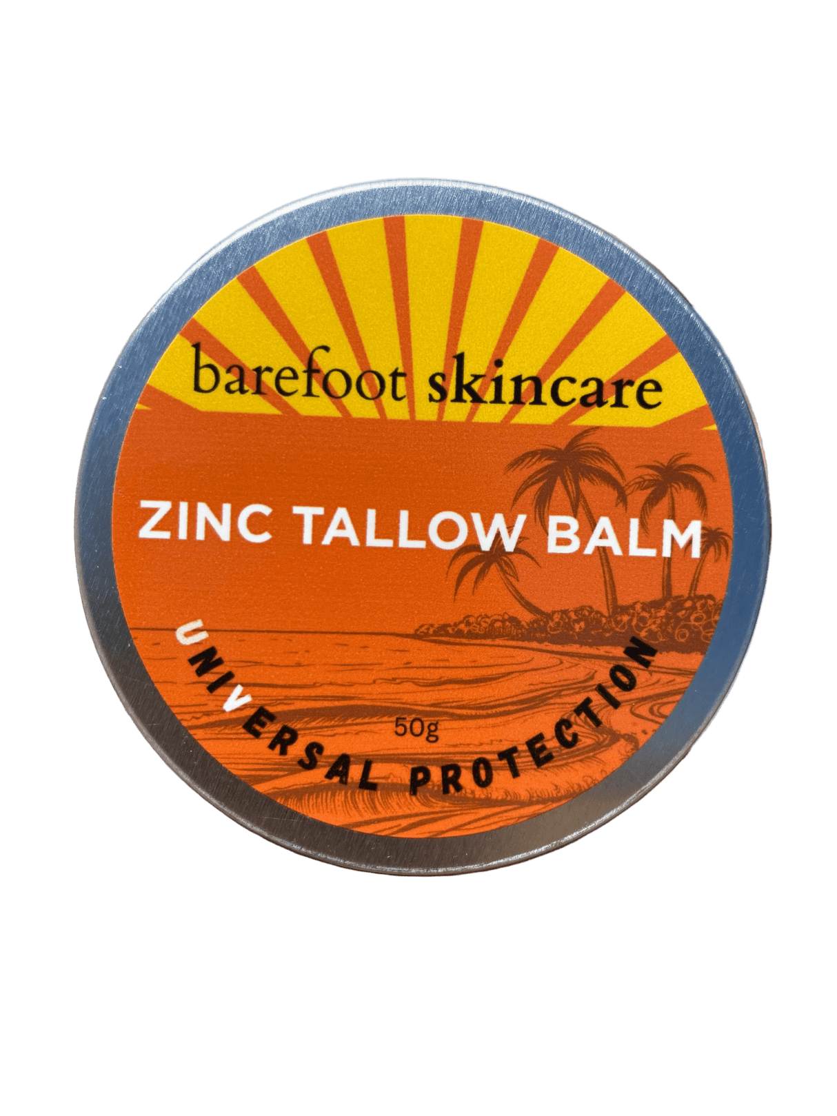 Round metal tin of Zinc Tallow Balm - 130g by Barefoot Skincare Co with orange tropical sunset label design